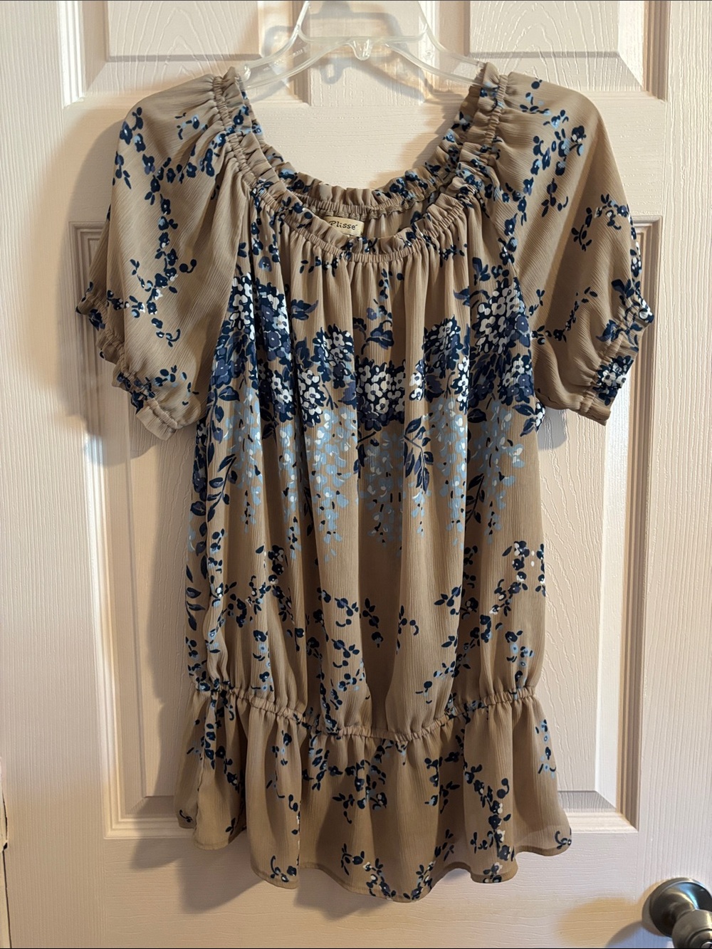 Beige Floral Peasant Blouse with Blue Print